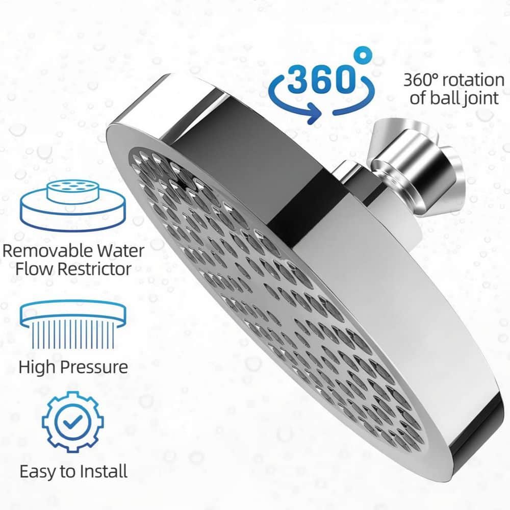 Wudkey 1-Piece Adjustable 6  in. Round High Pressure Shower Head in Polished Chrome, Anti-Clogging Silicone Nozzles Included (2)