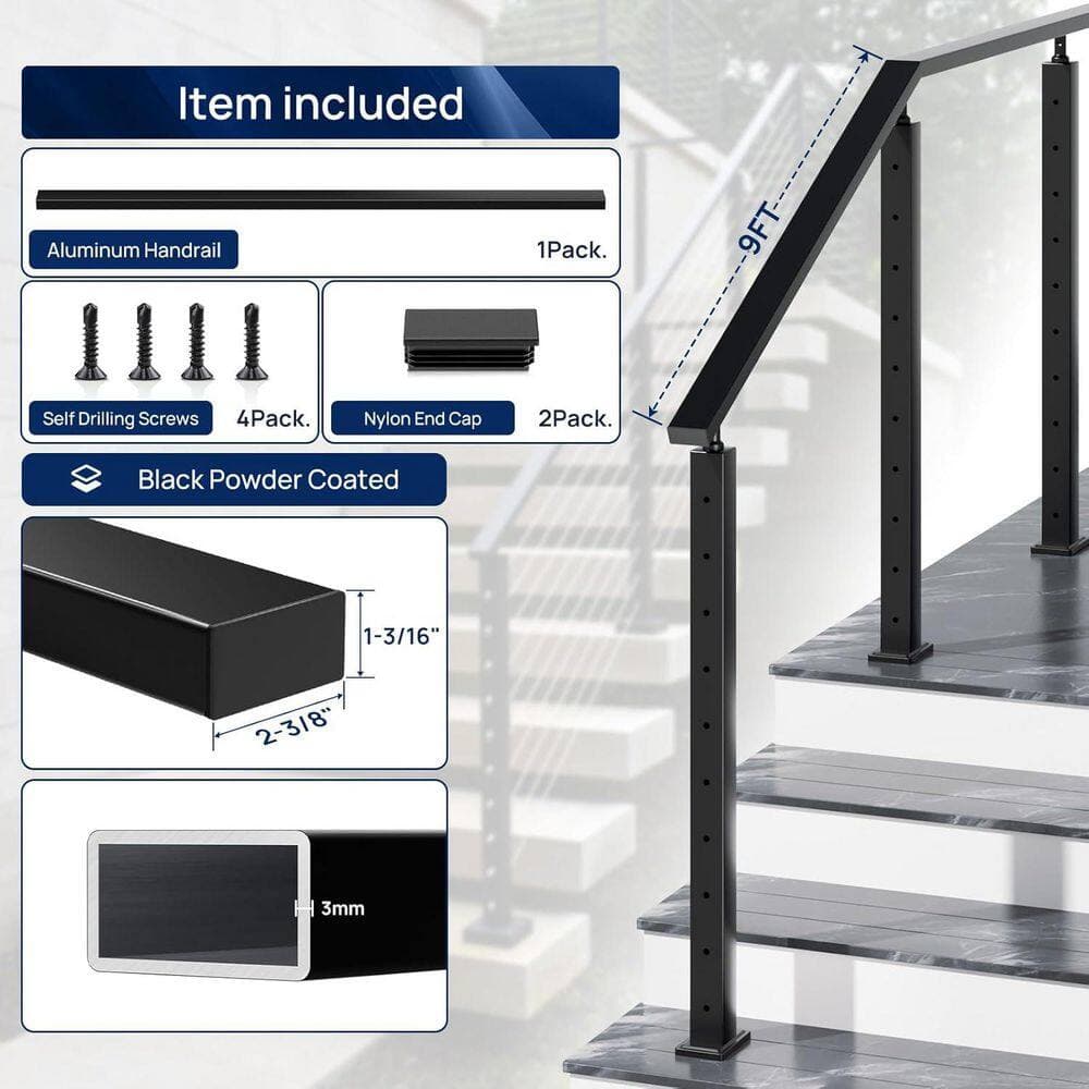 Afoxsos 4 Pack 108 in. x .1.18 in. Black Aluminum Rectangular Handrail with Nylon End Caps Self Drilling Screws, Cuttable Flat (3)