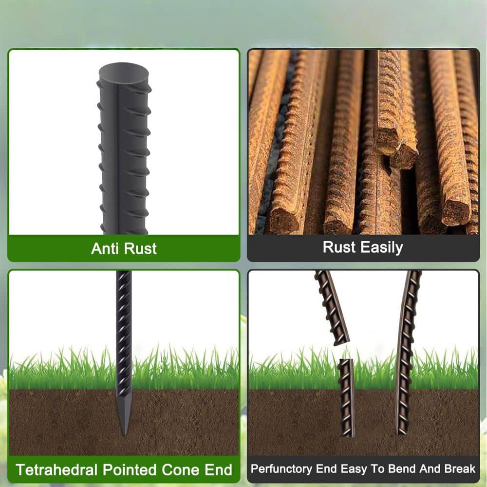 Laybus Black 16 in. Steel Reinforced Ground Concrete Form Stakes 12-Pack Straight Metal Spikes Heavy Duty with Chisel Point End (2)