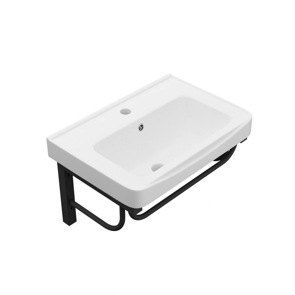 cadeninc 19.88 in. x 14.25 in. White Ceramic Rectangular Wall Mounted Bathroom Sink with Black Towel Bar and Overflow (1)