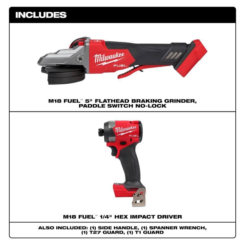 Milwaukee M18 FUEL 18V Lithium-Ion Brushless Cordless 5 in. Flathead Braking Grinder with Paddle Switch No-Lock w/ Impact Driver (2)