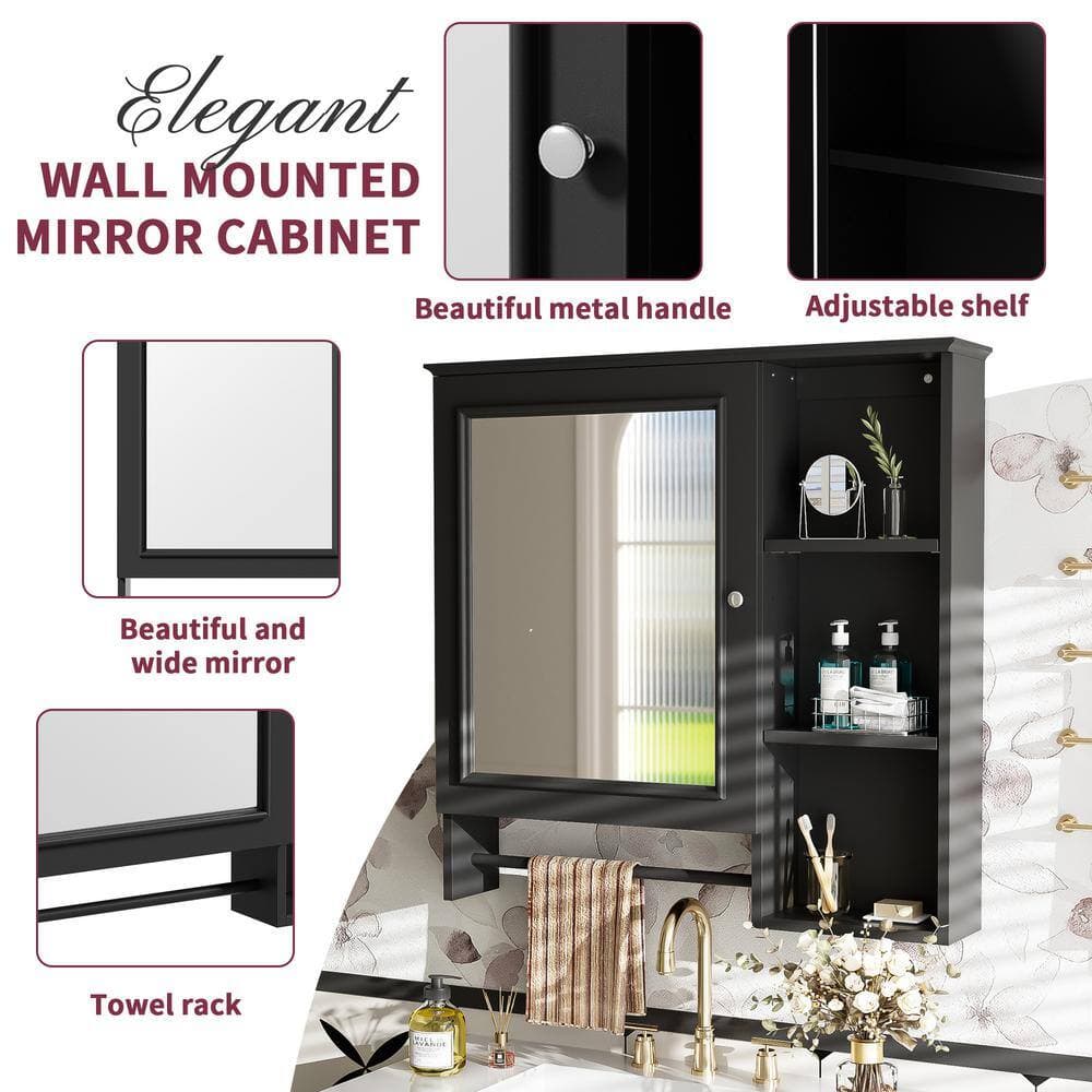 Amucolo 28.85 in. W x 5.47 in. D x 28 in. H Bathroom Storage Wall Cabinet in Black with Mirror Door and Adjustable Shelves (3)