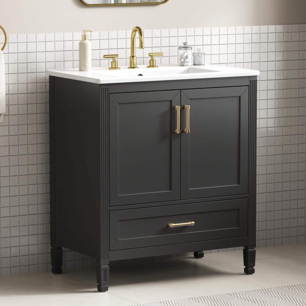 Flynama 30" Black Fluted Vanity,Ceramic Sink,Soft Close Door & Drawer,Solid Wood Legs (1)