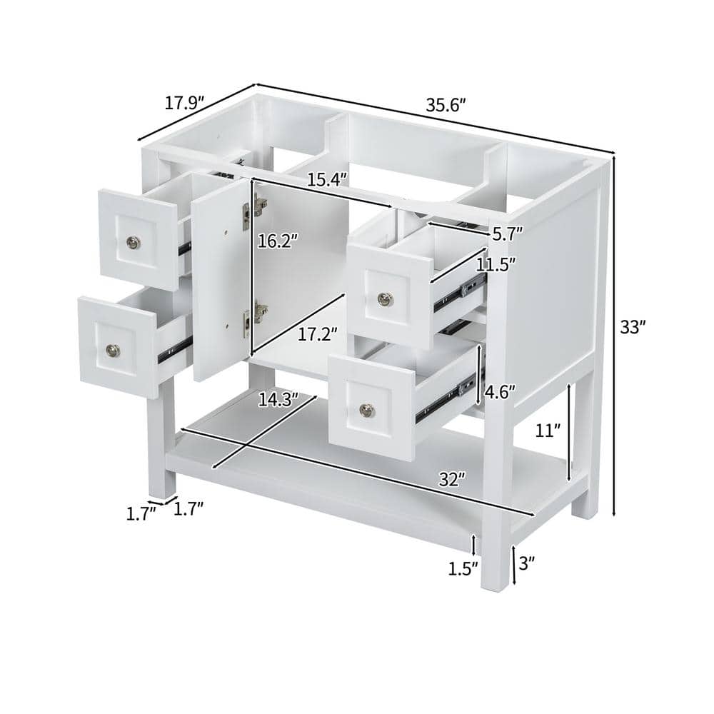 Unbranded 35.6 in. W x 17.9 in. D x 33 in. H Wood Bath Vanity Cabinet without Top in White with 4-Drawers and Soft Closing Doors (3)