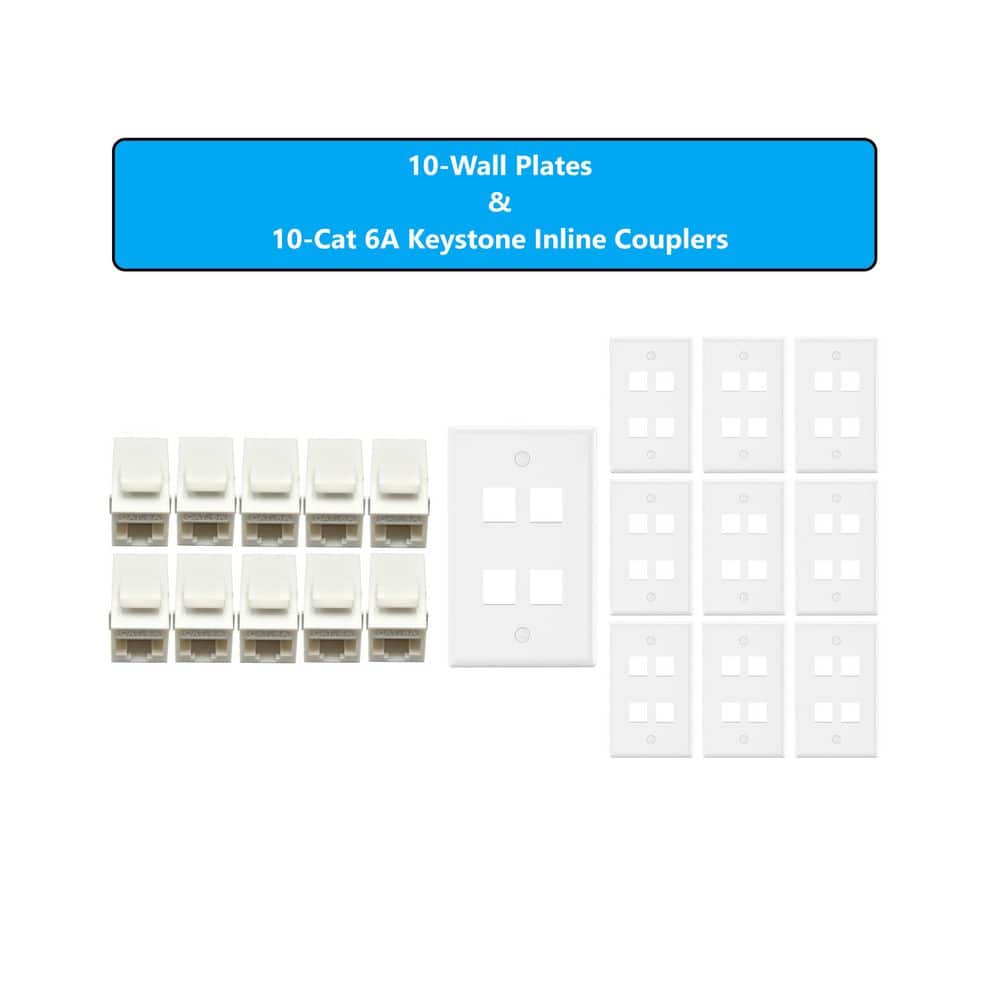 Micro Connectors, Inc 10-Pack 1-Gang White Keystone Plastic Wall Plate 4-Port and 10 Cat 6A RJ45 Keystone Inline Couplers White (2)