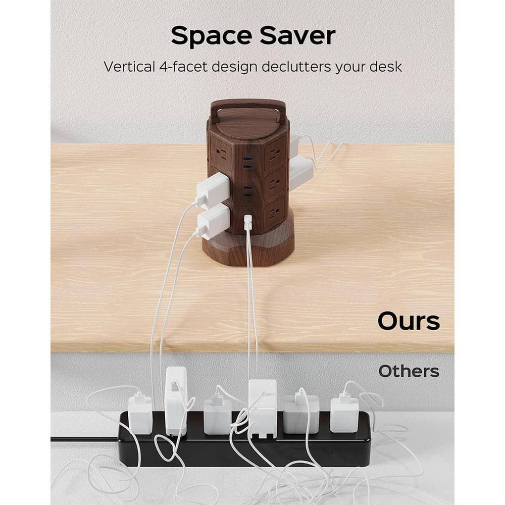 Yichuhaoxi Power Strip Tower Surge Protector 6.5 ft. Extension Cord 12 Outlets 6 USB Cord with Multiple Outlet in Walnut and Black (3)