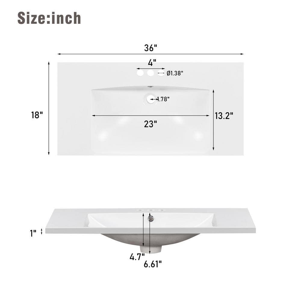 Unbranded 36 in. Undermount Rectangular Single Bathroom Resin Sink with in White Vanity Top Only, 3-Faucet Holes (2)