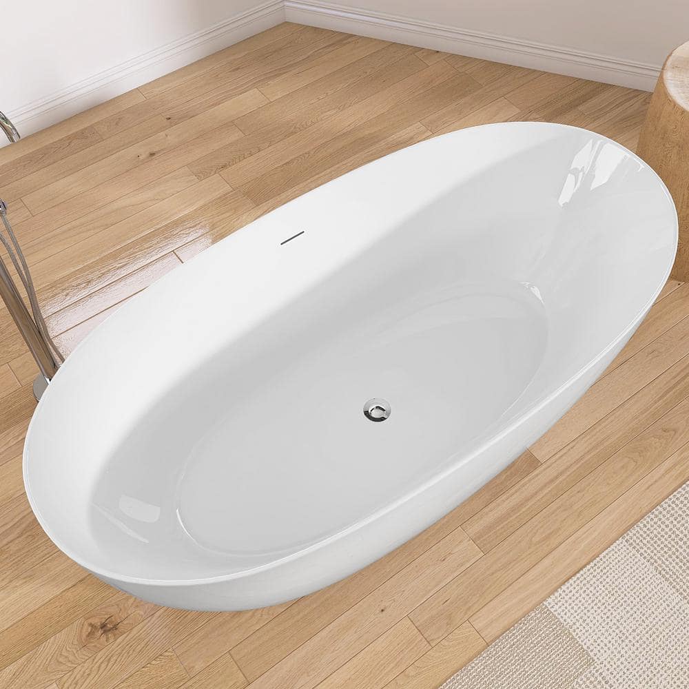 Getpro 67 in. x 32 in. Acrylic Freestanding Tub White Free Standing Stand Soaking Bathtub Flat Bottom with Chrome Center Drain (3)
