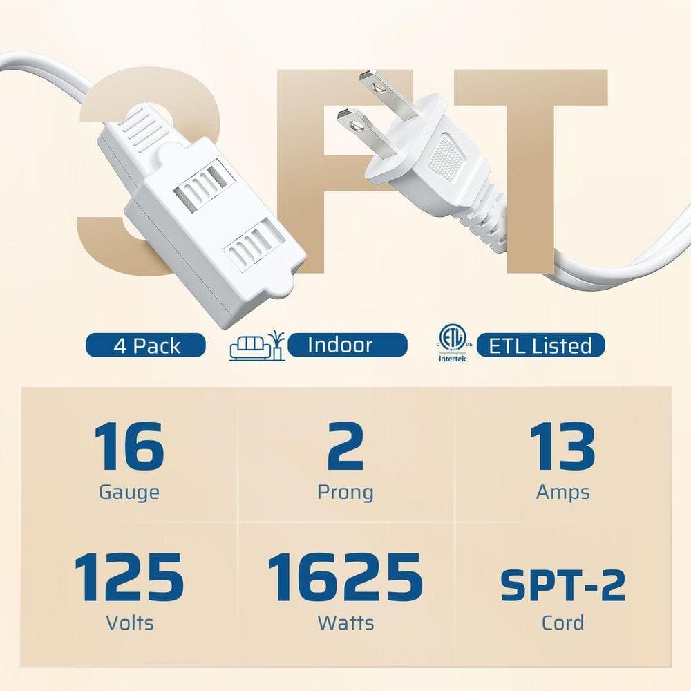 DEWENWILS 3 ft. 16 / 3-Gauge Indoor Extension Cord with 3-Prong 3 Outlets and SPT-3 Cord, White, 4 Pack (2)
