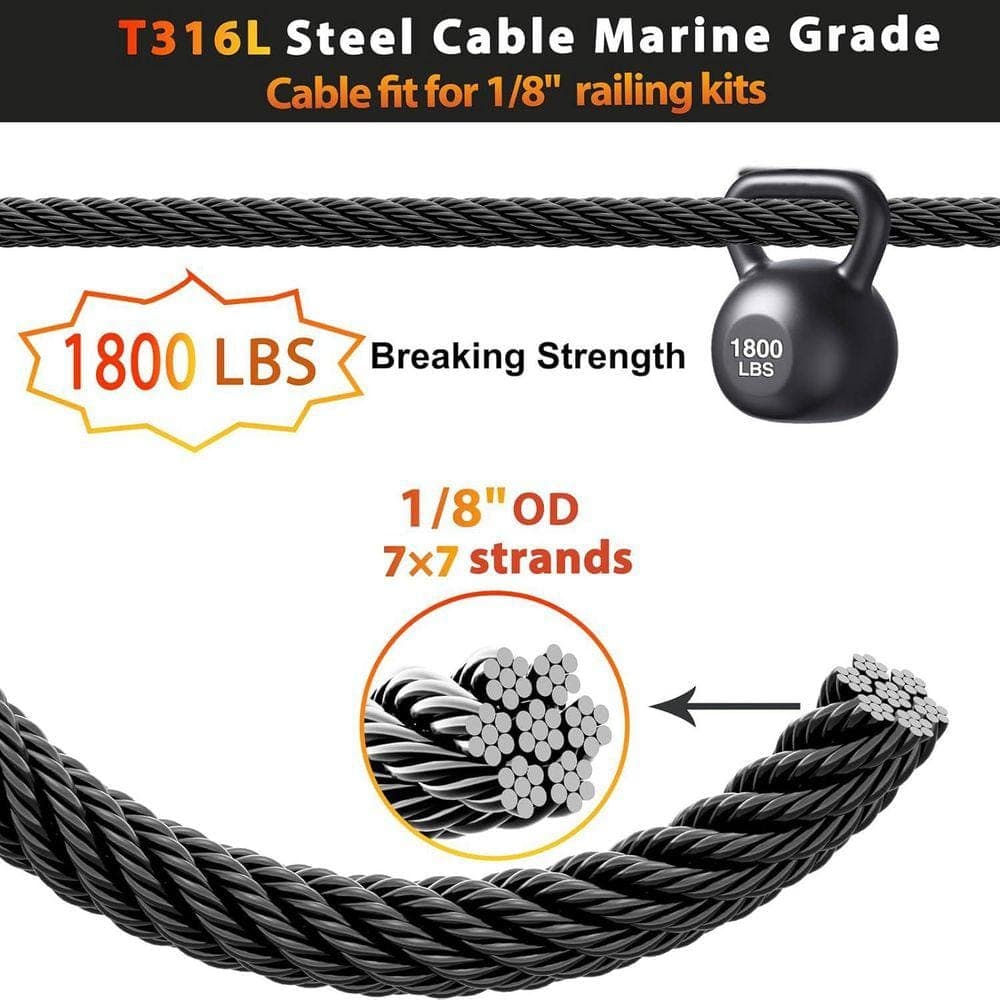 iminuo 220 ft. Stainless Steel Black Wire Rope with Wire Cutter, 1/8 in. Marine Grade Cable for Cable Railing System (2)