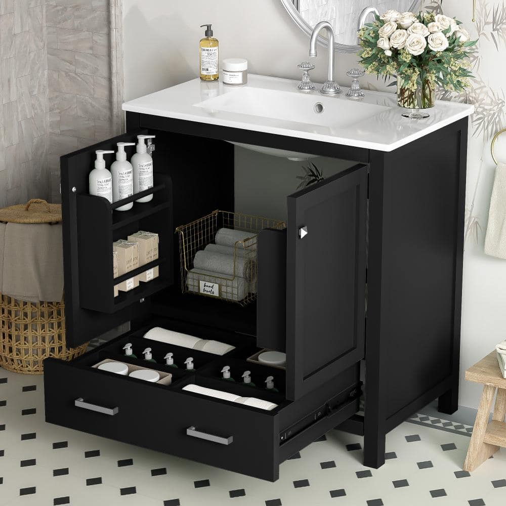 Flynama 30″ Black Bathroom Vanity with Single Sink, 2 Doors & Drawer, Soft Closing, Solid Wood Frame (1)