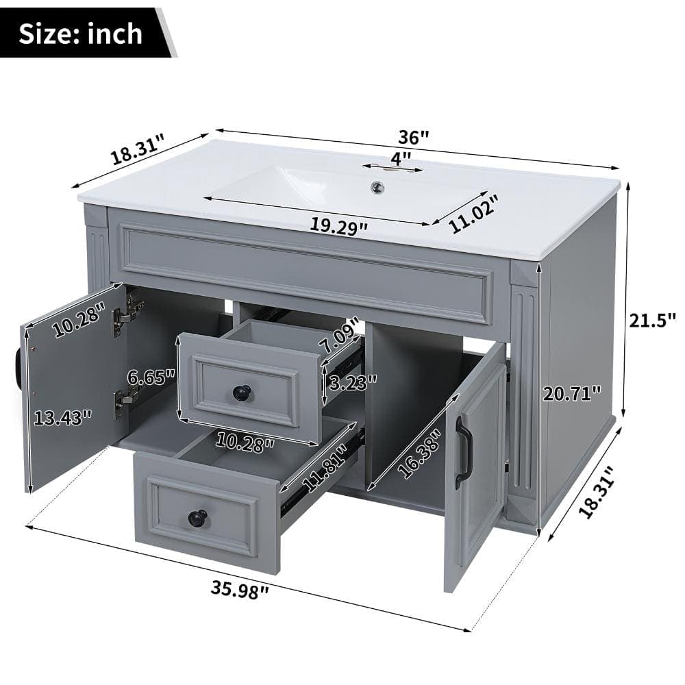 Unbranded 36 in. Wall-Mounted Bathroom Vanity with Ceramic Sink, Soft-Close Drawers & Doors, Bathroom Cabinet with Elegant Storage (2)