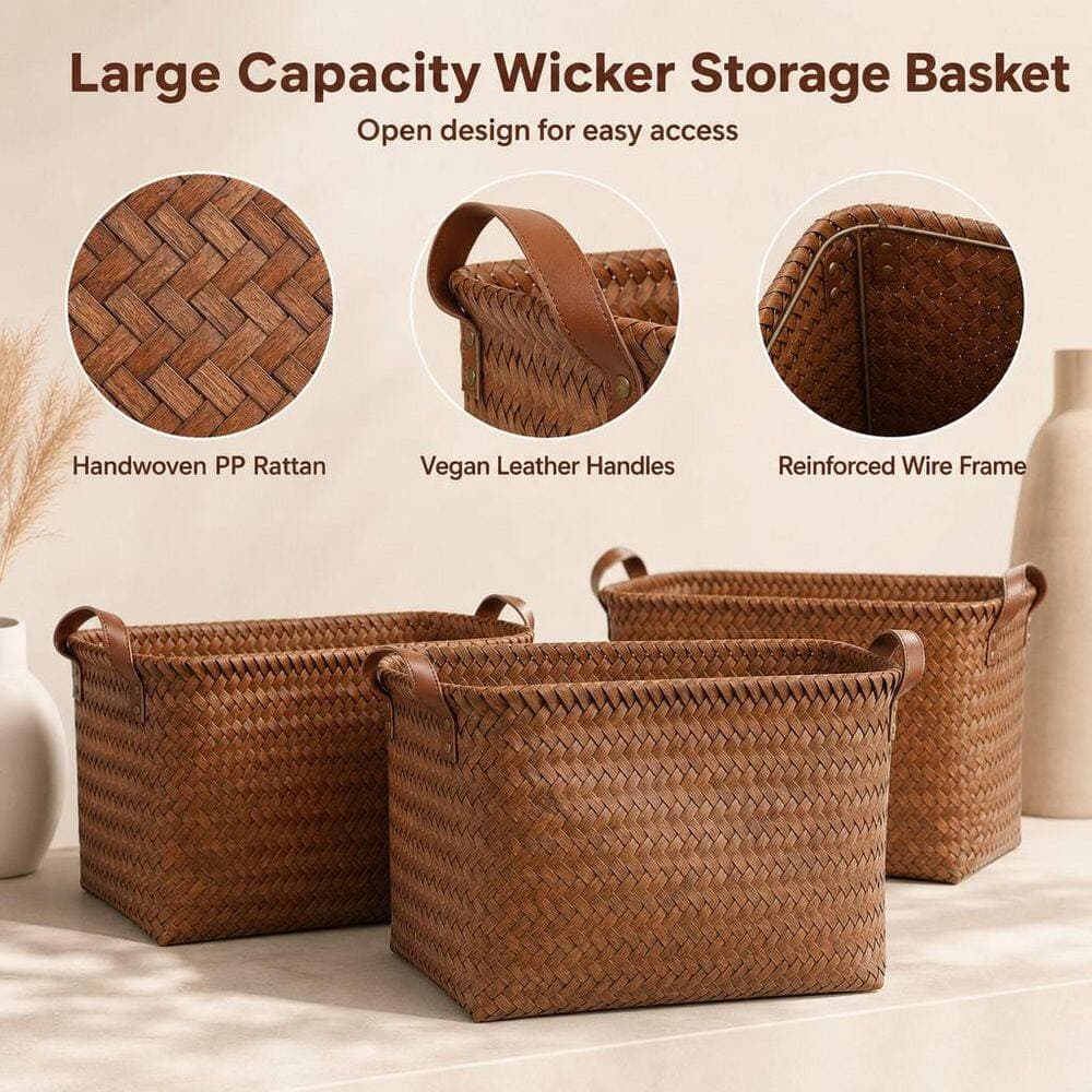 Wudkey 4 Piece 15 in. W x 10.5 in. H x 11 in. D Handwoven Plastic Rectangular Clothes Basket for Shelf Closet Storage in Brown (3)