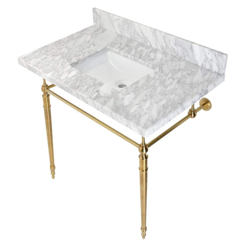Kingston Brass Edwardian Marble White Console Sink Basin and Leg Combo in Brushed Brass (1)