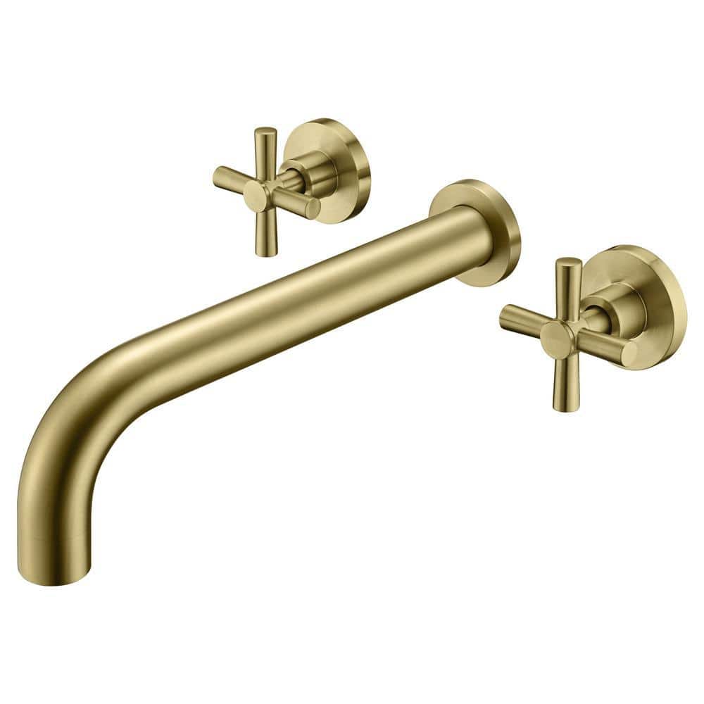SUMERAIN Cross Double Handle Wall Mount Roman Tub Faucet with Valve in Brushed Gold