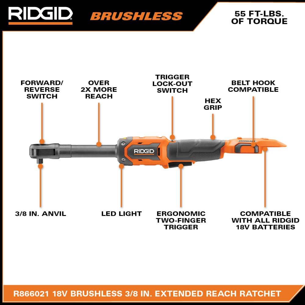 RIDGID 18V Brushless Cordless 3/8 in. Extended Reach Ratchet (3)