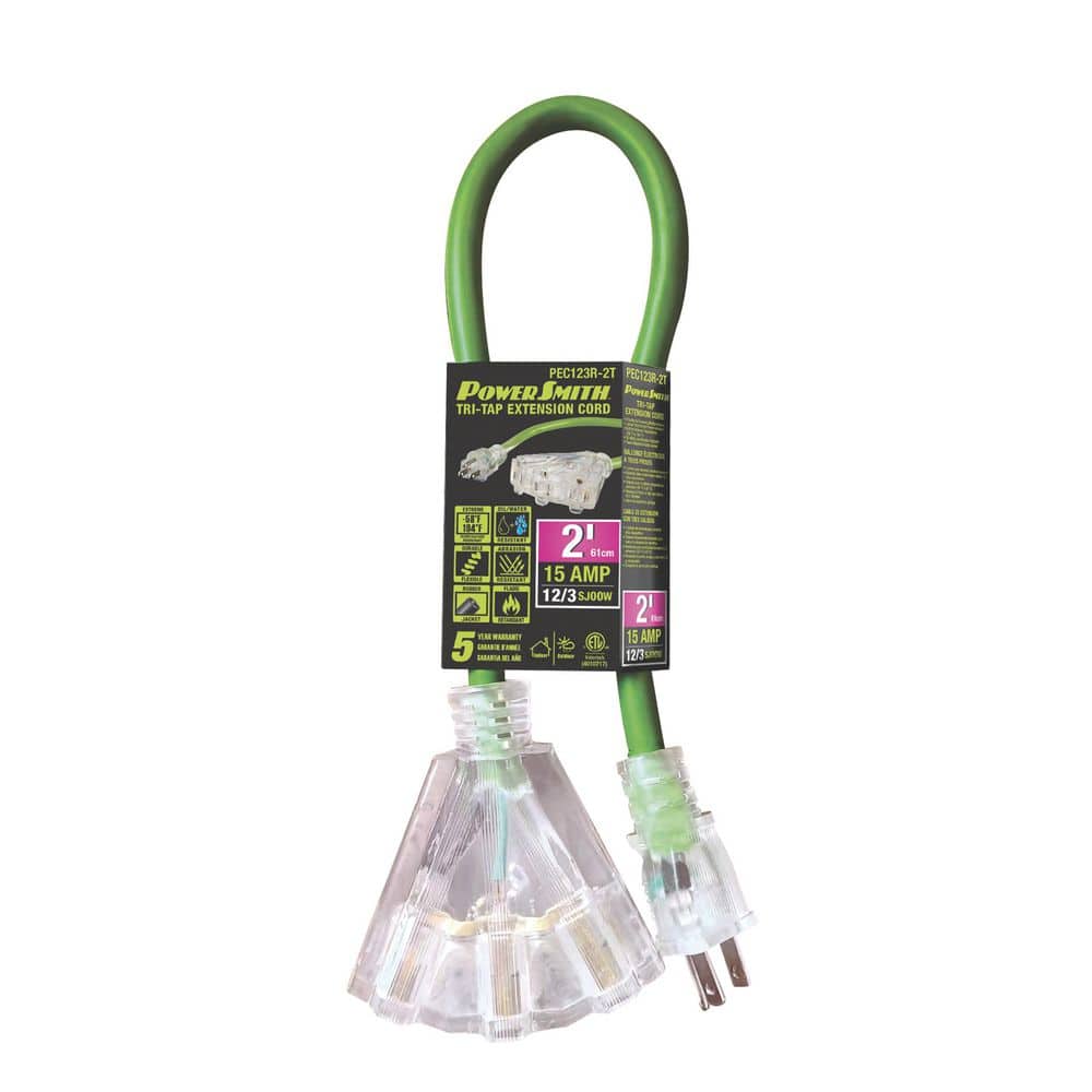 PowerSmith 2 ft. 12 / 3 SJOOW Indoor / Outdoor Extension Cord Tri-Tap 3-Outlets with Lighted End Green