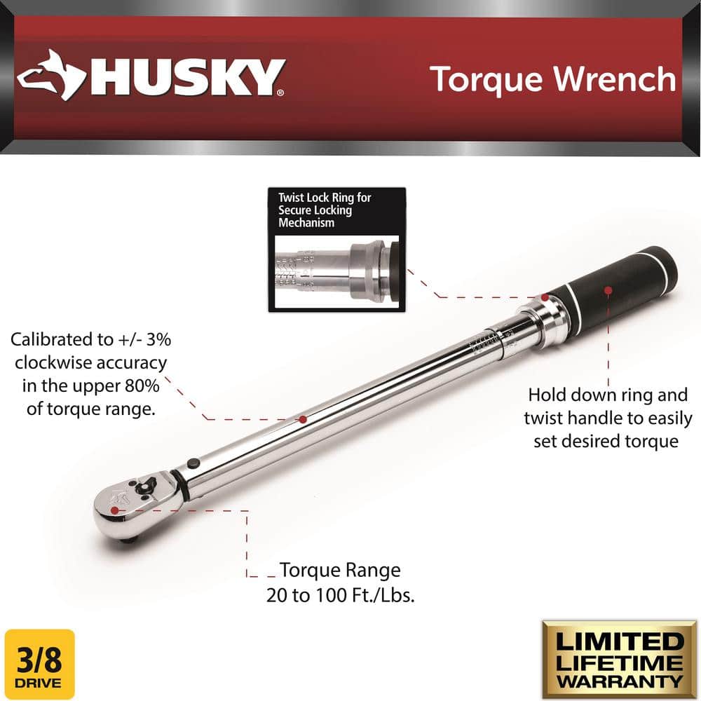 Husky 3/8 in. Drive Torque Wrench 20 ft./lbs. to 100 ft./lbs. (3)
