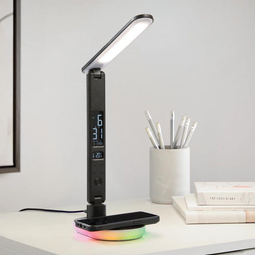 Hampton Bay Morden 13.5 in. Black Modern Integrated LED Folding Table Lamp for Bedrooms with Wireless Phone Charger and USB-A Port (2)