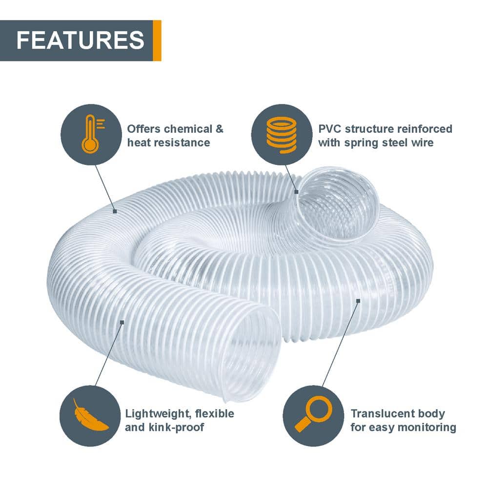 ‎POWERTEC 4 in. x 10 ft. PVC Dust Collection Hose with Screw End Quick Coupler and 4 in. Key Hose Clamps (3)