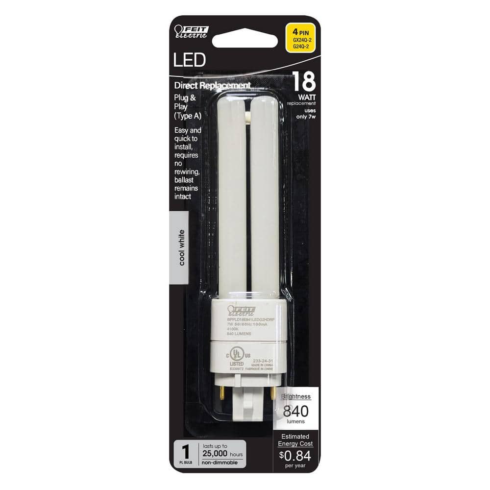 Feit Electric 18-Watt Equivalent PL CFLNI Twin Tube 4-Pin Plugin G24Q-2 Base CFL Replacement LED Light Bulb, Cool White 4100K (1-Pack) (4)