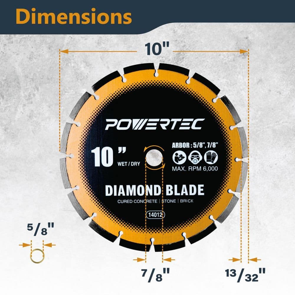 POWERTEC 10 in. Laser-Welded Segmented Rim Diamond Blade for Wet Dry Tile Saw -Cuts Cured Concrete, Block, Brick, Pavers, Masonry (3)