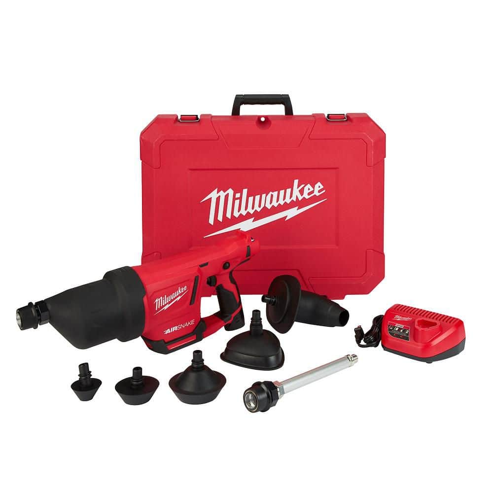 Milwaukee M12 12V Lithium-Ion Cordless Drain Cleaning Airsnake Air Gun Kit with (2) 2.0 Ah Batteries, Toilet Attachments