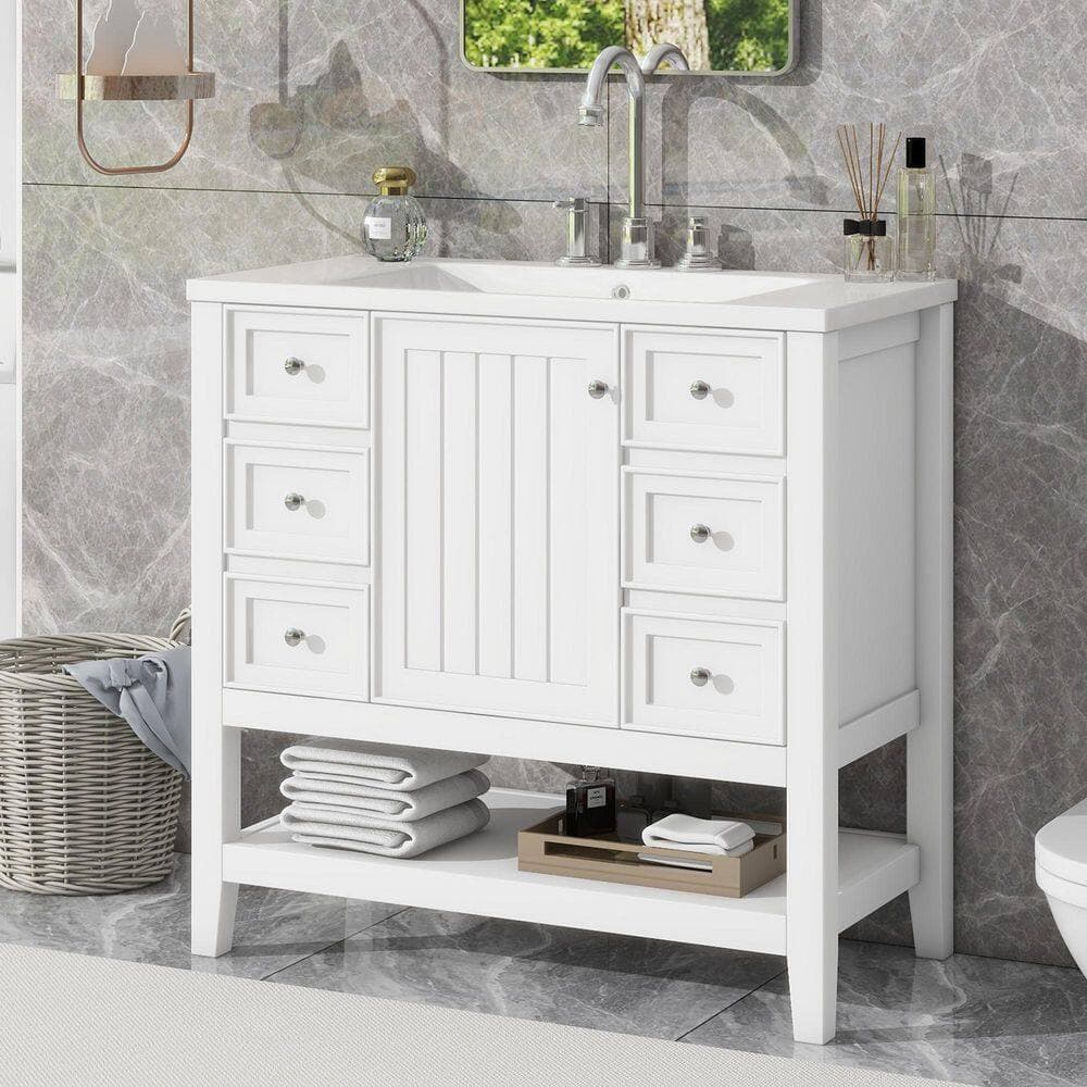 Unbranded New 36.02 in. Wood+Ceramic Console Sink in White with 3-Drawers, 1-Cabinet, Adjustable Shelf, Removable Drawer Divider (2)