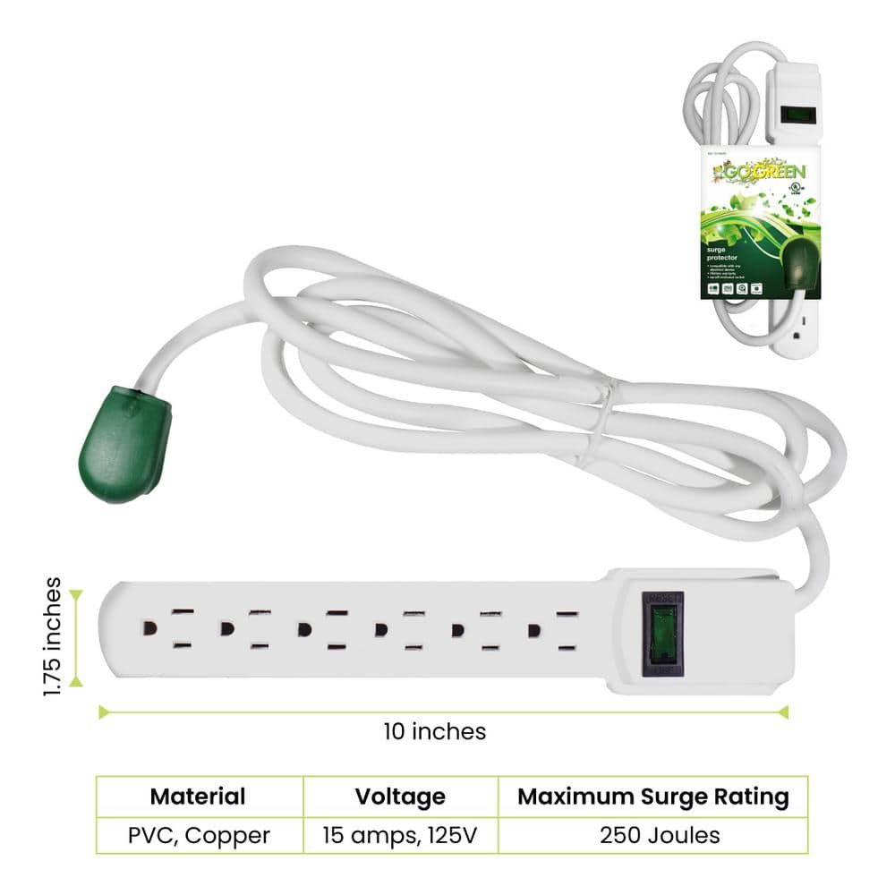GoGreen Power 6 Outlet Surge Protector with 6 ft. Heavy Duty Cord - White (2)