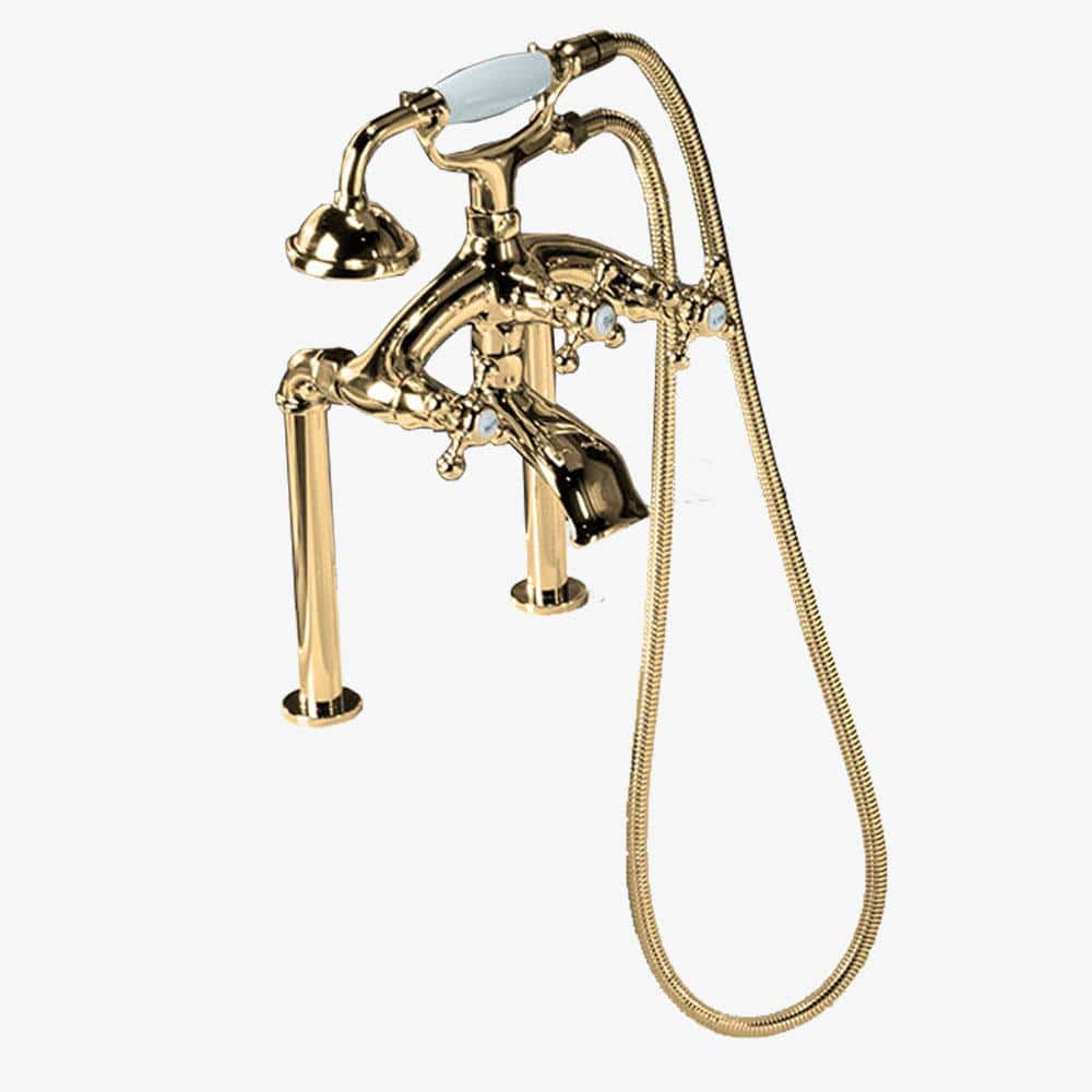 WOODBRIDGE 3-Handle Tub Deck Mount Bathtub Faucet with Handshower and Hose in Polished Gold (1)
