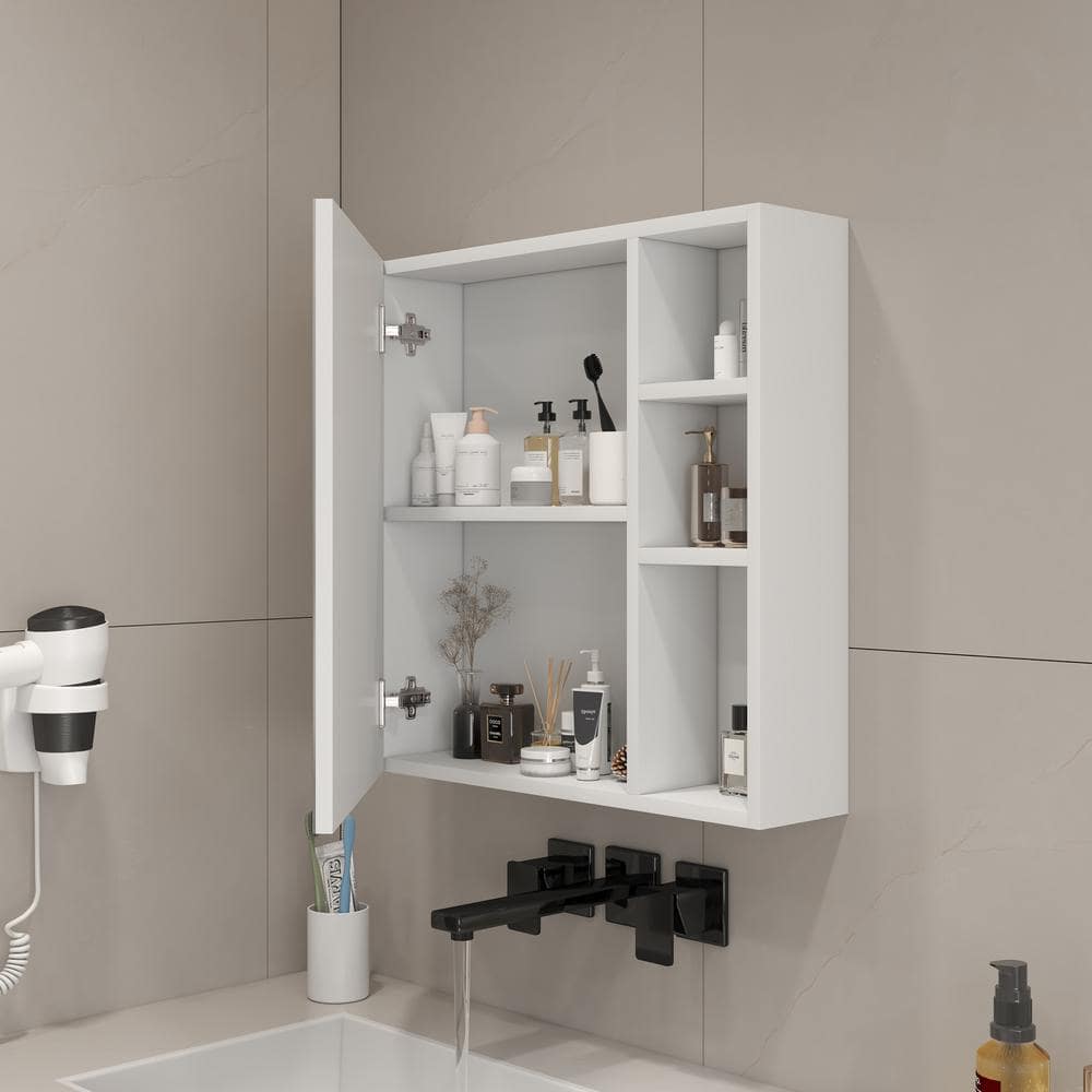 COWLOWN 21.7 in. W x 5 in. D x 22 in. H Bathroom Storage Wall Cabinet in White with Clear Mirror and Storage Space (3)