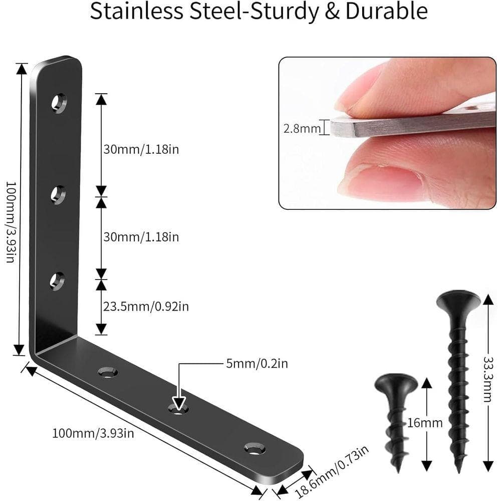 KIWDZFU 4 in. x 4 in. Stainless Steel Solid Shelf Support Corner Brace Joint Right Angle Bracket, 25 lb. Max Load, Black, 4-Pack (3)