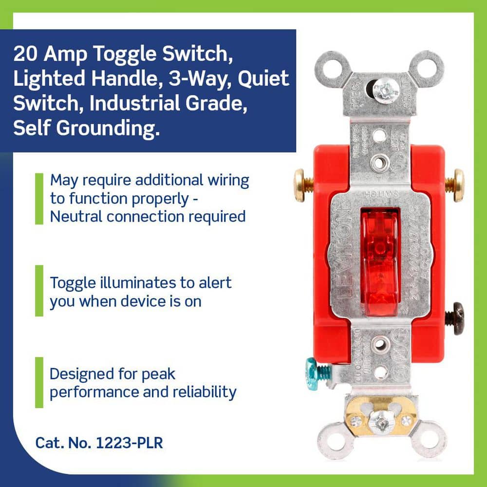 Leviton 20 Amp Industrial Grade Heavy Duty 3-Way Pilot Light Toggle Switch, Red 1223-PLR (2)