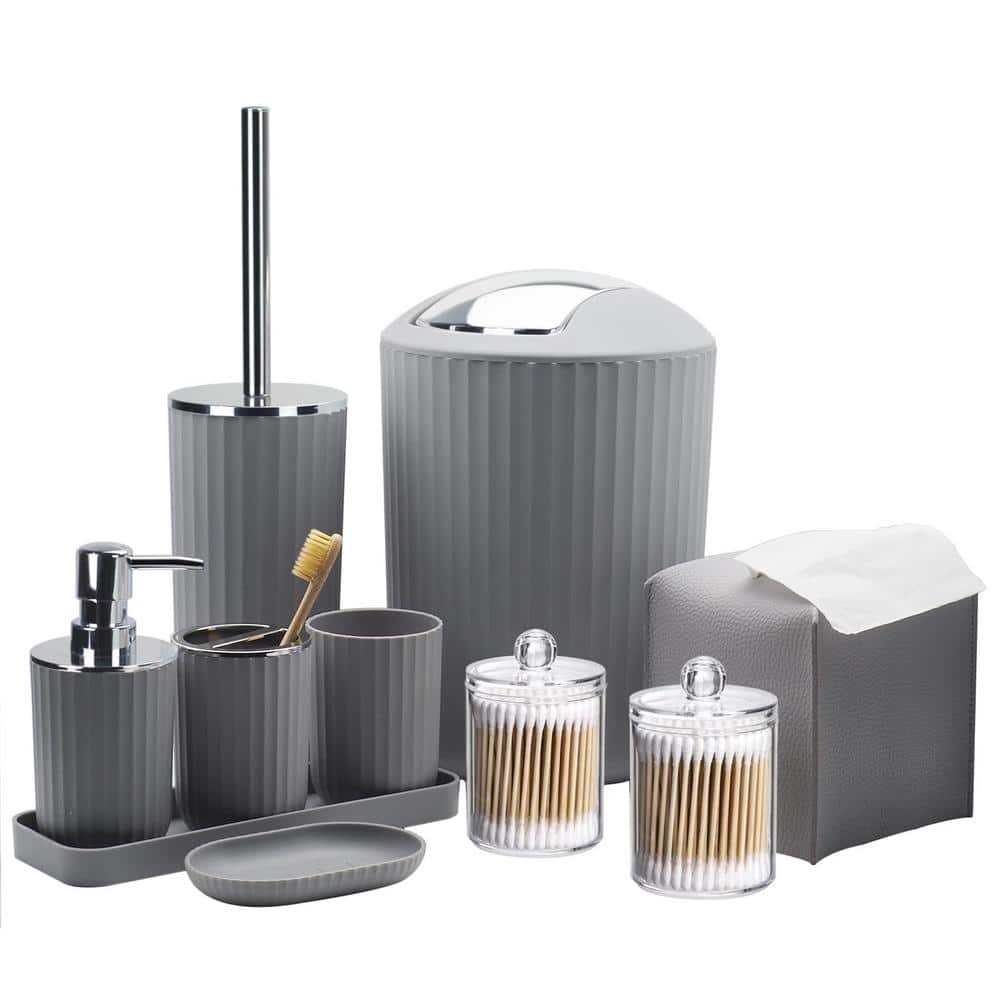 Adrinfly 10-Pieces Bathroom Set with Toothbrush Holder, Cup, Soap Dispenser, Tissue Box, Q-Tip Box, Toilet Brush Holder, in Gray (1)