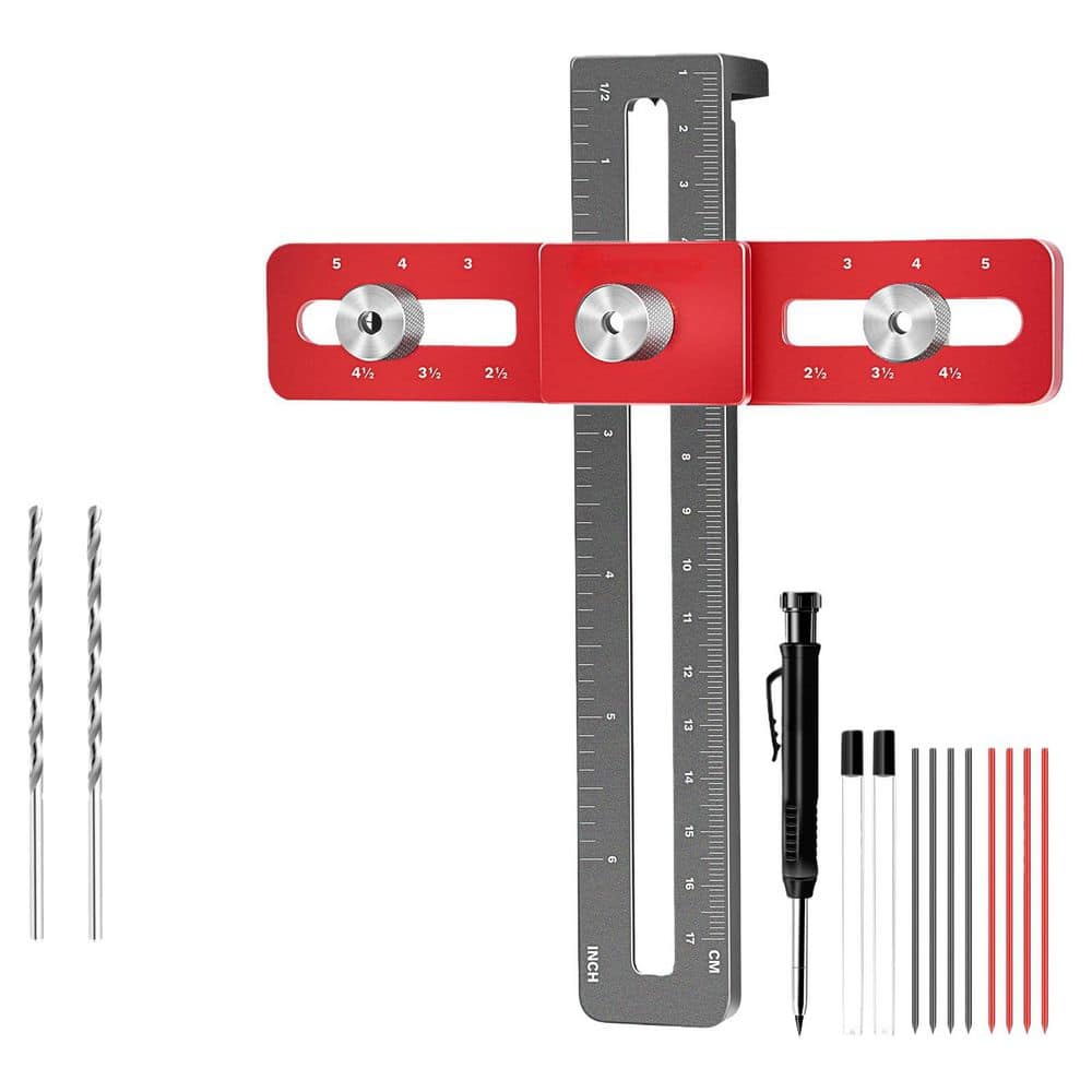 Numhew ‎Red Aluminum Adjustable Cabinet Hardware Doweling Jig, Knobs and Pull 5 in. Jig Saw with Pencil for Installing Drawers (1)