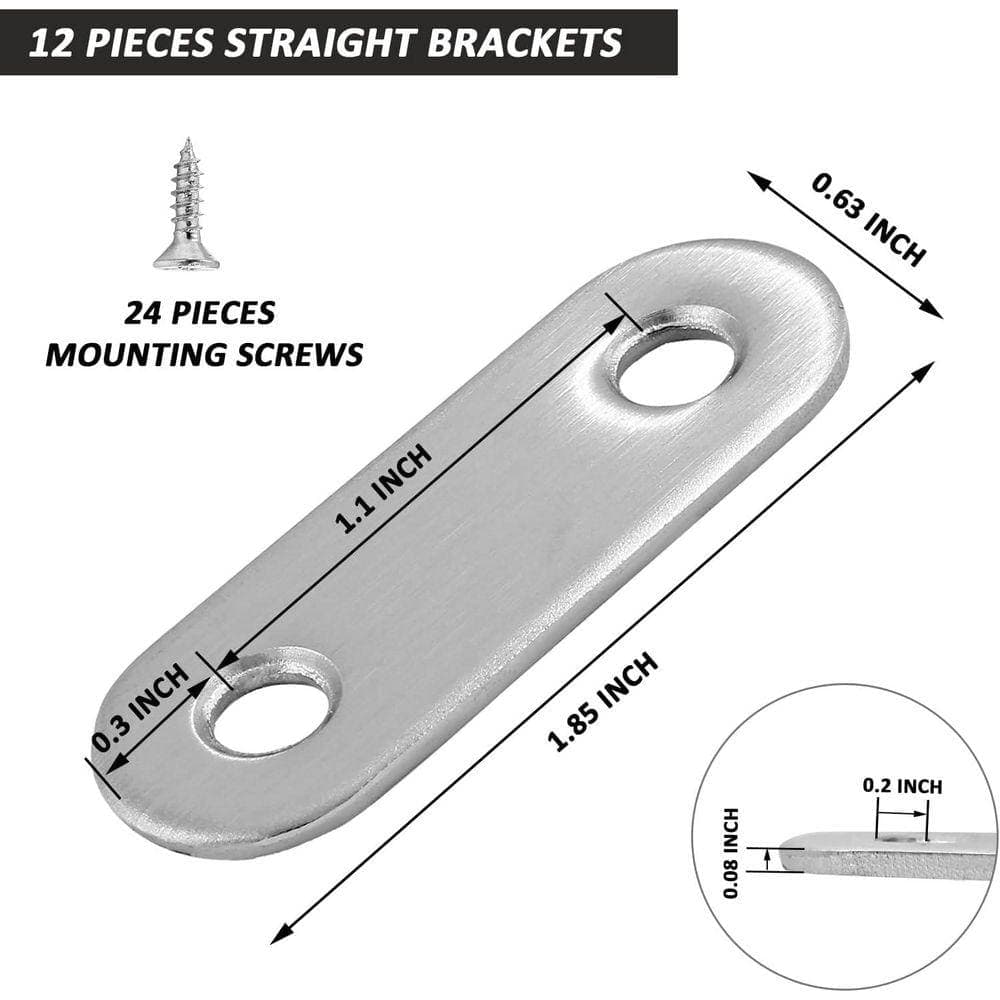 KIWDZFU 1.9 x 0.6 Inch Stainless Steel Straight Brackets Nail Plate with Screws 12 Pack for Wood Furniture Repair (2)
