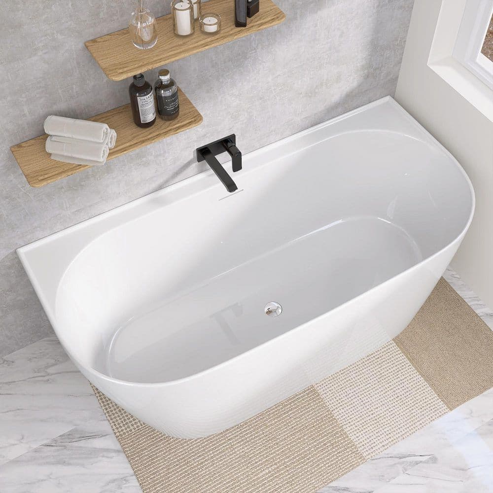 Getpro 67 in. x 30 in. Freestanding Acrylic Soaking Bathtub with Center Chrome Drain in White-Oval Design (Wall-Ready Side) (1)