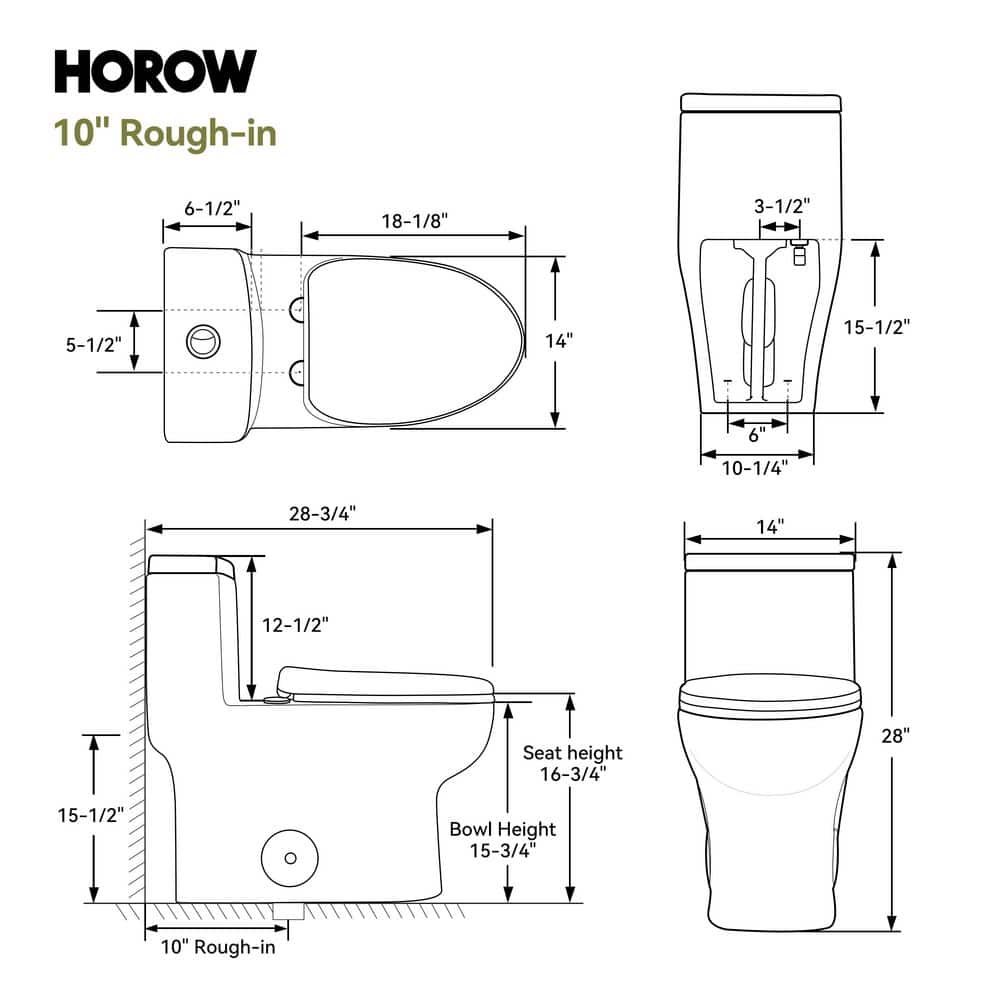 HOROW 10 in. Rough In One-Piece 1.1 GPF/1.6 GPF Dual Flush Elongated Toilet in White with Soft Close Seat (3)