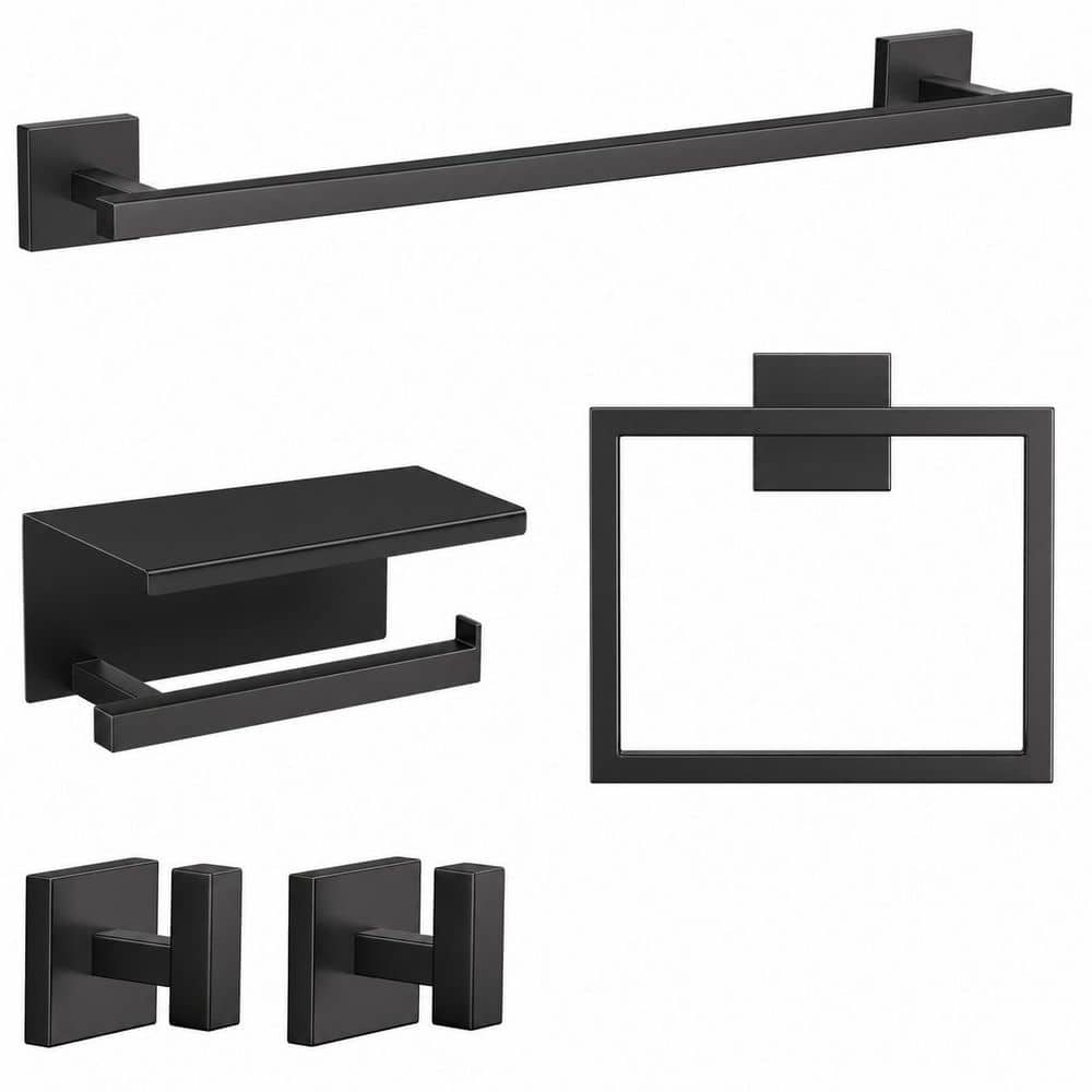 KHKFY 5-Piece Bathroom Hardware Set with 23.6 in Towel Bar, Toilet Paper Holder with Shelf, Matte Black Stainless Steel (1)