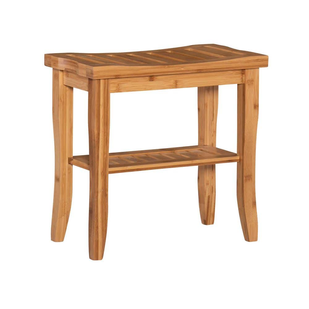 Linon Home Decor Broadmore Bamboo Stool with Curved Top and Small Shelf