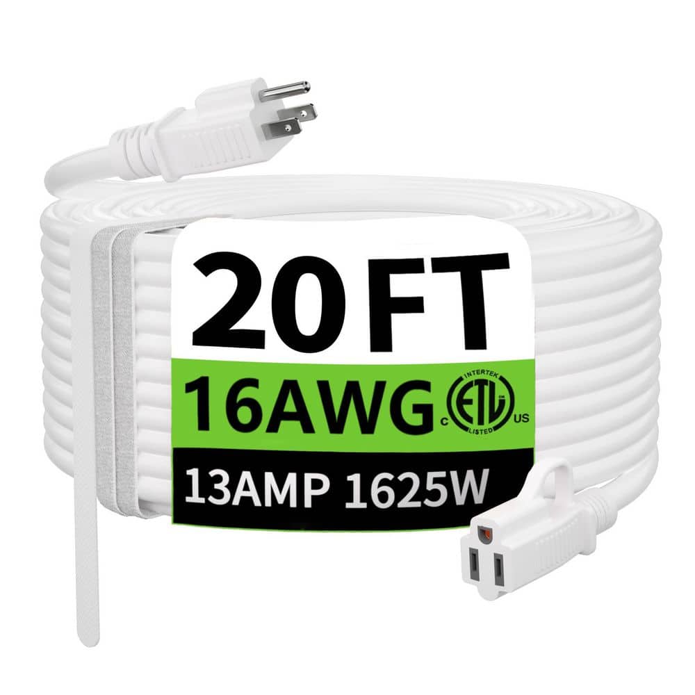 Unbranded 20 ft. 1625W 16/3 SJTW Gauge Indoor Outdoor White ExtensionCord Waterproof Flexible Cold-Resistant Lighted End Tri-Tap