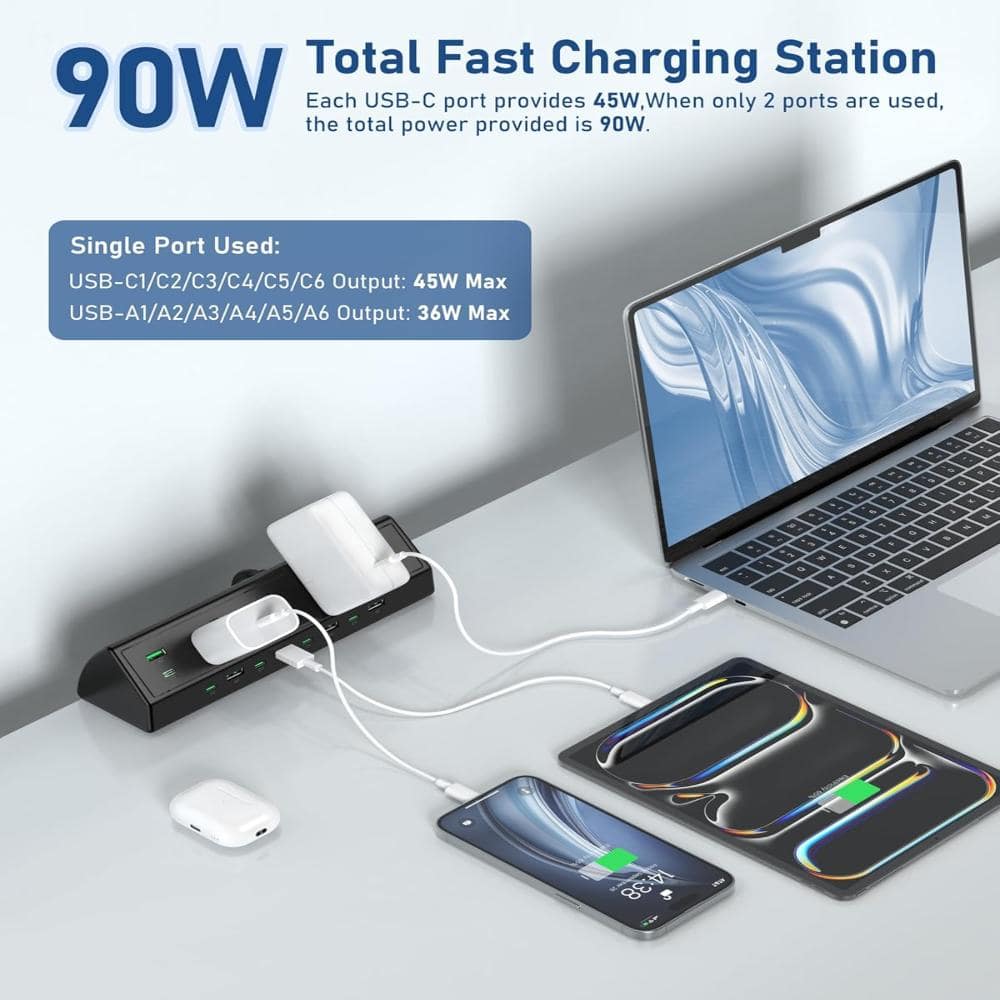 Unbranded 90W Desk Clamp Power Strip,12 USB Ports (6 PD 45W USB-C),Surge Protector (Black,12 USB-90W) (2)