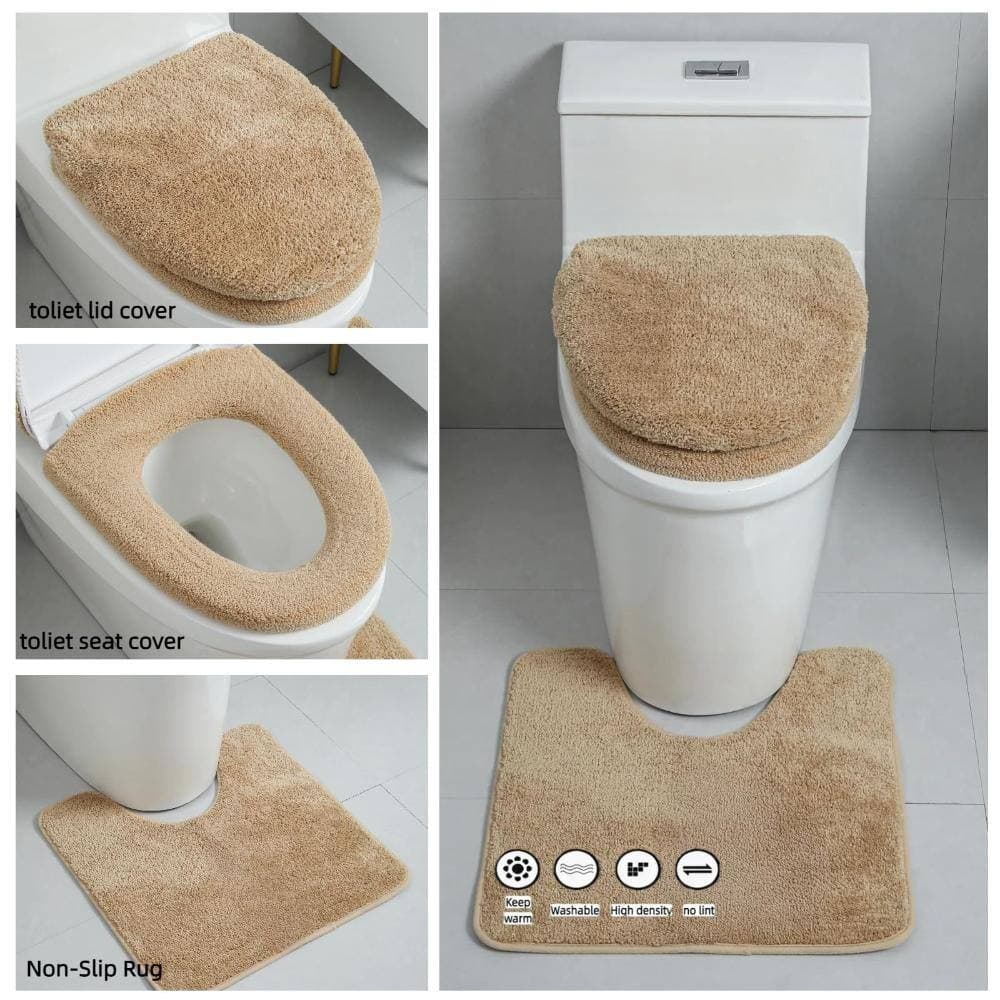 Unbranded 3-Piece Toilet Seat Cover Set for Elongated and Round Toilets, U-Shaped Washable Rug, Quick-Dry Brown (3)