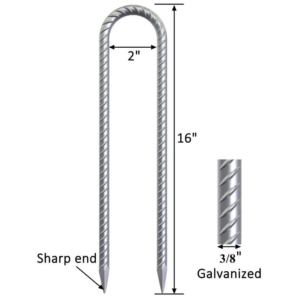Laybus 16-Pack 16 in. 3/8 in. Dia Heavy Duty U-Shaped Rebar Tent Fence Stake, Wind Stakes for Trampoline Tie Down Anchor Kit (2)