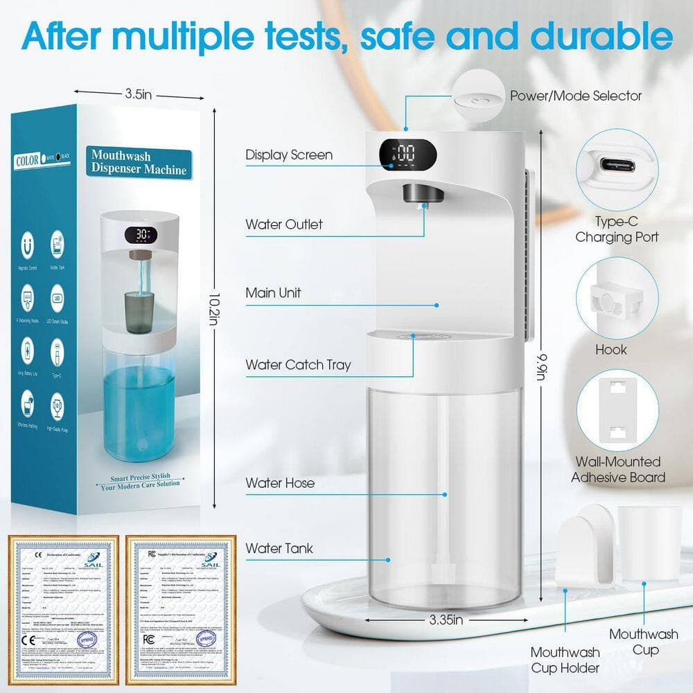 Wudkey 6-Piece Bathroom Accessory Set, 20.29 oz. Wall-Mounted Automatic Mouthwash Dispenser in White with Led Screen (2)