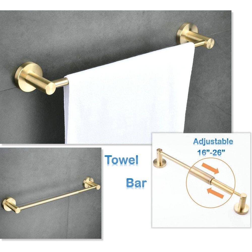 Anqtovp 5-Piece Bathroom Accessories Set with Adjustable Towel Bar, Toilet Paper Holder, Towel Ring, 2-Hooks in Brushed Gold (3)