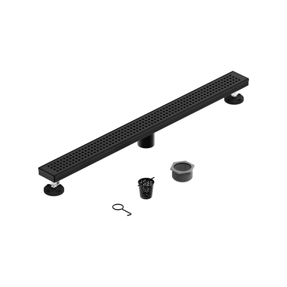 BATHADORE 32 in. Linear Shower Drain, Removable Grid Grate 304 Stainless Steel Floor Drain with Leveling Feet, Matte Black