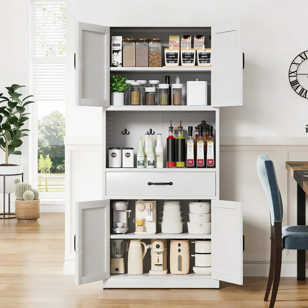 Tileon 30 in. W x 16 in. D x 72 in. H White Linen Cabinet Tall Kitchen Sideboard Pantry Storage Cabinet (2)