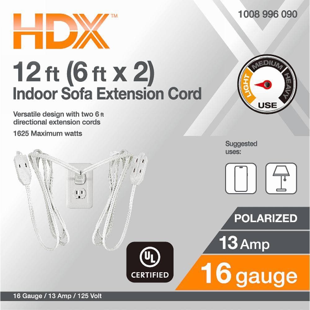 HDX 12ft. 16/2 Light Duty Indoor Multi-Outlet Extension Cord with Twin Ends, White (2)