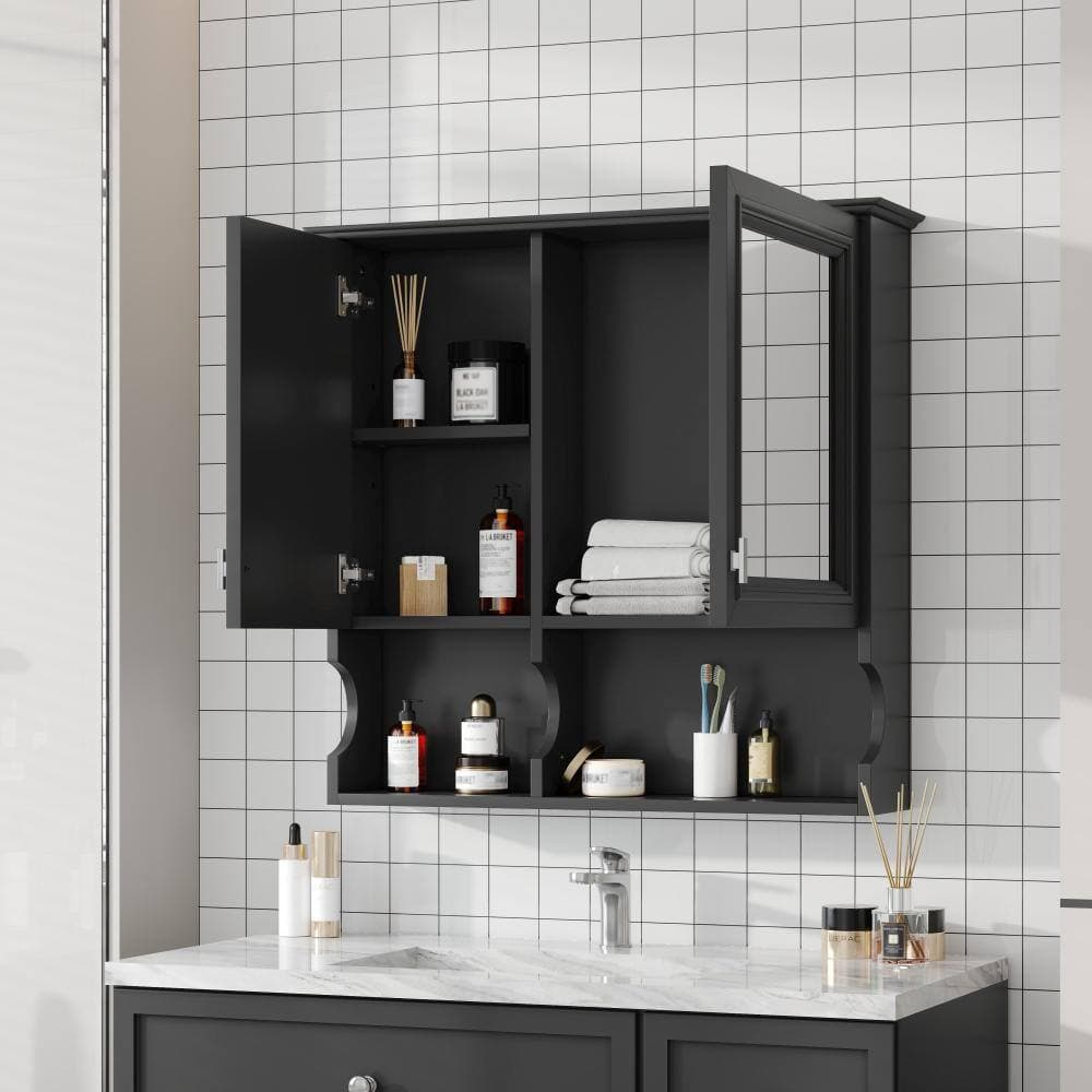 Flynama 30-Inch Mirror Cabinet With Open Shelves, Adjustable Shelf, Wall Mount Over Toilet Storage Cabinet (2)
